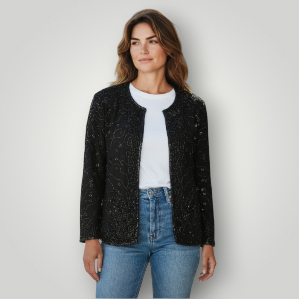 JMD New York Large Hand Beaded Evening Jacket Black Formal Hook &‎ Bar Front New